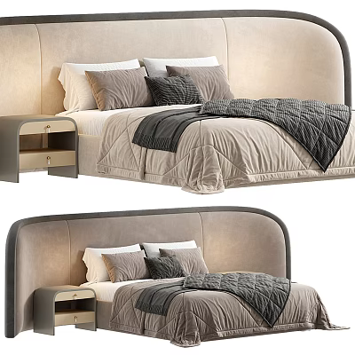Double Bed Interior Design With Upholstered Headboard Multiple Pillows Gray Quilt and Nightstand With Drawers 3d model
