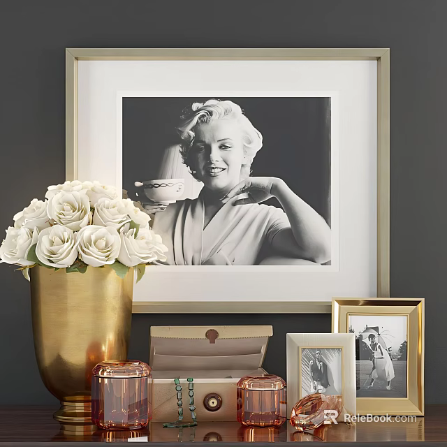 Elegant Decorative Ornament Collection With Golden Vase White Roses And Black White Photo Frames 3d model 