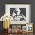 Elegant Decorative Ornament Collection With Golden Vase White Roses And Black White Photo Frames