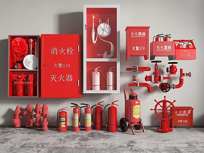 Essential Red Fire Equipment with Extinguishers Hydrants Cabinets Hoses and Pipes for Safety Preparedness 3d model