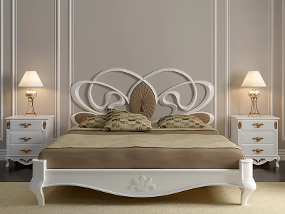 White Double Bed with Carved Headboard Nightstands and Table Lamps on Light Wall with Lines 3d model
