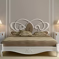 White Double Bed with Carved Headboard Nightstands and Table Lamps on Light Wall with Lines