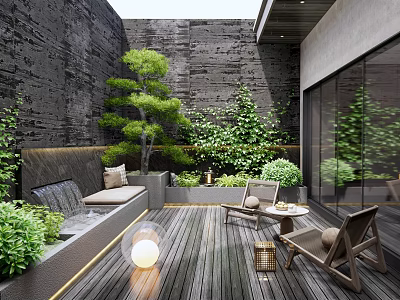 Serene Courtyard Garden Design With Wooden Deck Lounge Chairs And Lush Green Plants 3d model