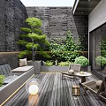Serene Courtyard Garden Design With Wooden Deck Lounge Chairs And Lush Green Plants