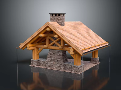 Rustic Wooden Cabin Structure With Crossed Beams Stone Chimney And Tile Roof 3d model