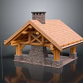 Rustic Wooden Cabin Structure With Crossed Beams Stone Chimney And Tile Roof