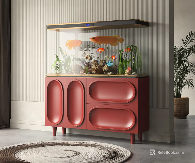 Stylish Fish Tank On Red Cabinet With Colorful Fish Aquatic Plants And Decorative Stones 3d model 