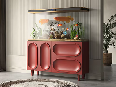 Stylish Fish Tank On Red Cabinet With Colorful Fish Aquatic Plants And Decorative Stones 3d model