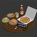 Assorted Foods On Round Table With Pizza Cake Chips Sushi Ketchup And Drink