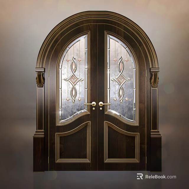 Elegant Arched Double Wooden Door with Decorative Glass Panels and Metal Handles 3d model 