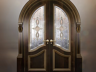 Elegant Arched Double Wooden Door with Decorative Glass Panels and Metal Handles 3d model