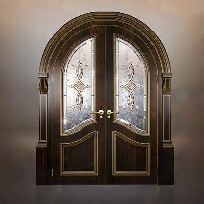 Elegant Arched Double Wooden Door with Decorative Glass Panels and Metal Handles 3d model