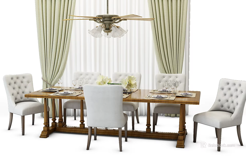 Elegant Dining Table Set With White Tufted Chairs Tableware And Green Curtains 3d model 