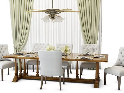 Elegant Dining Table Set With White Tufted Chairs Tableware And Green Curtains 3d model