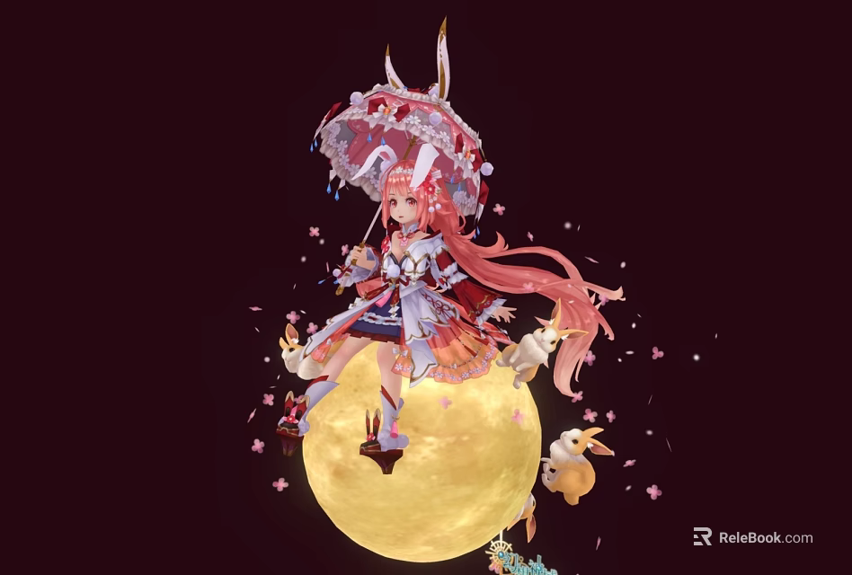 Anime Girl With Pink Hair Sitting On Moon With Decorative Umbrella Rabbits And Cherry Blossoms 3d model 