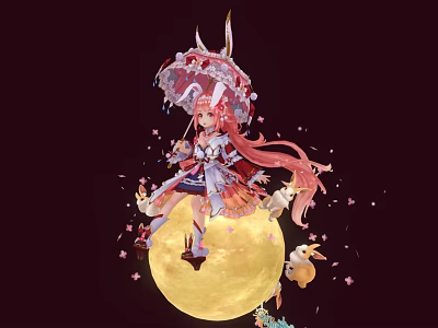 Anime Girl With Pink Hair Sitting On Moon With Decorative Umbrella Rabbits And Cherry Blossoms 3d model