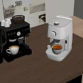 Black and White Espresso Coffee Machines on Wooden Table with Coffee Cups and Beans