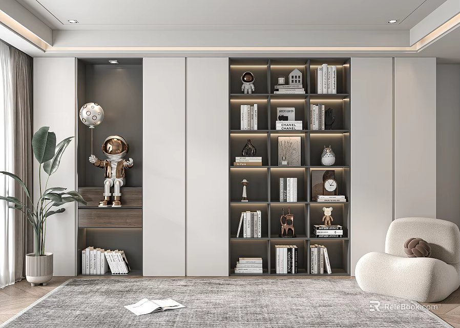 Modern Bookshelf in Living Room with White Gray Cabinets Books Decorations Sofa and Plant 3d model 