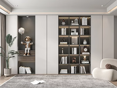 Modern Bookshelf in Living Room with White Gray Cabinets Books Decorations Sofa and Plant 3d model