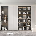 Modern Bookshelf in Living Room with White Gray Cabinets Books Decorations Sofa and Plant