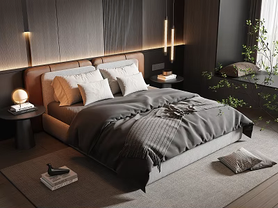 Modern Bedroom Interior Design With Grey Bedding Wooden Headboard Table Lamp And Plants 3d model