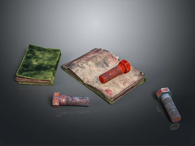 Vintage Stationery Daily Supplies With Green Cover Notebook Old Open Book And Red Seal Stamps 3d model