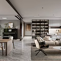 Modern Living Dining Area Interior With Gray Sofa Wooden Table And Orange Pendant Lights