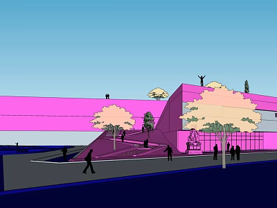 Modern Pink Museum Building Exterior With Sloped Walkway Trees And Blue Sky 3d model