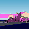 Modern Pink Museum Building Exterior With Sloped Walkway Trees And Blue Sky