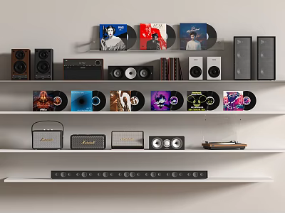 White Shelves With Audio Equipment Speakers Vinyl Records Radio And Devices 3d model