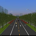 Wide Modern Urban Road Intersection With Lush Surrounding Green Trees And Orderly Running Vehicles
