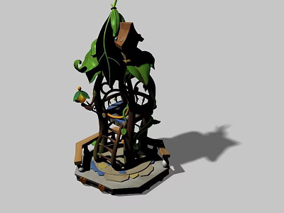 Whimsical Garden Sculpture With Green Vines Small Wooden House And Tiny Bird 3d model