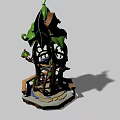 Whimsical Garden Sculpture With Green Vines Small Wooden House And Tiny Bird