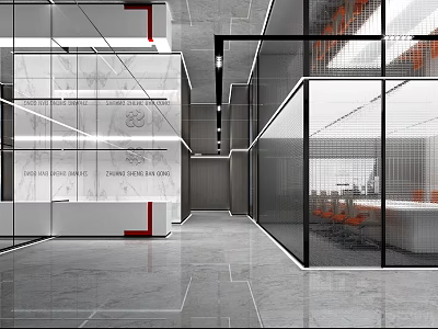 Modern Office Reception Desk With Marble Front And Glass Partitions In Elegant Lobby 3d model