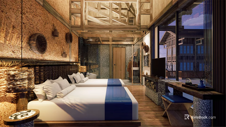 Hotel Guest Room With Twin White Beds Blue Accents Wooden Ceiling And Scenic Window View 3d model 