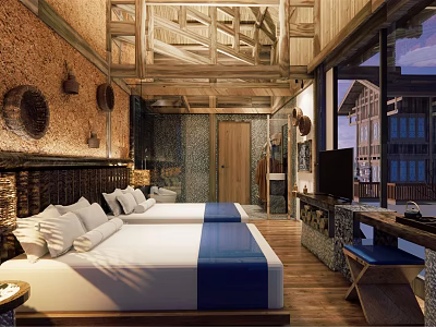 Hotel Guest Room With Twin White Beds Blue Accents Wooden Ceiling And Scenic Window View 3d model
