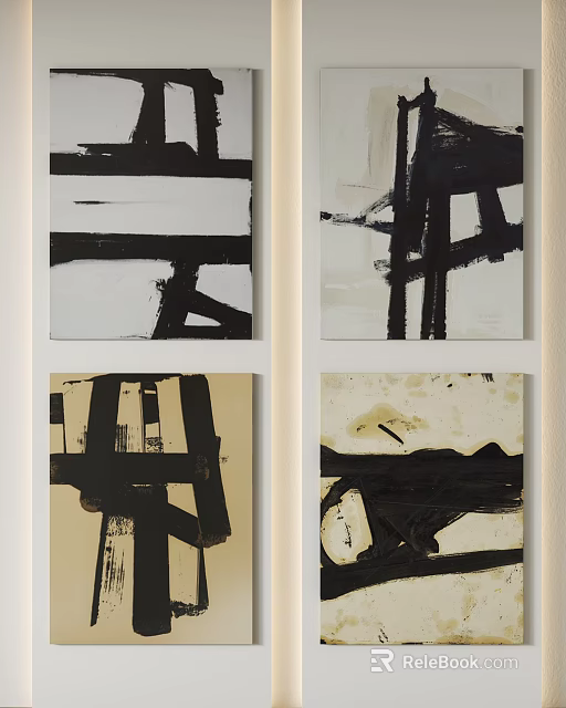 Abstract Paintings With Black White Beige Tones And Geometric Lines For Wall Decor 3d model 