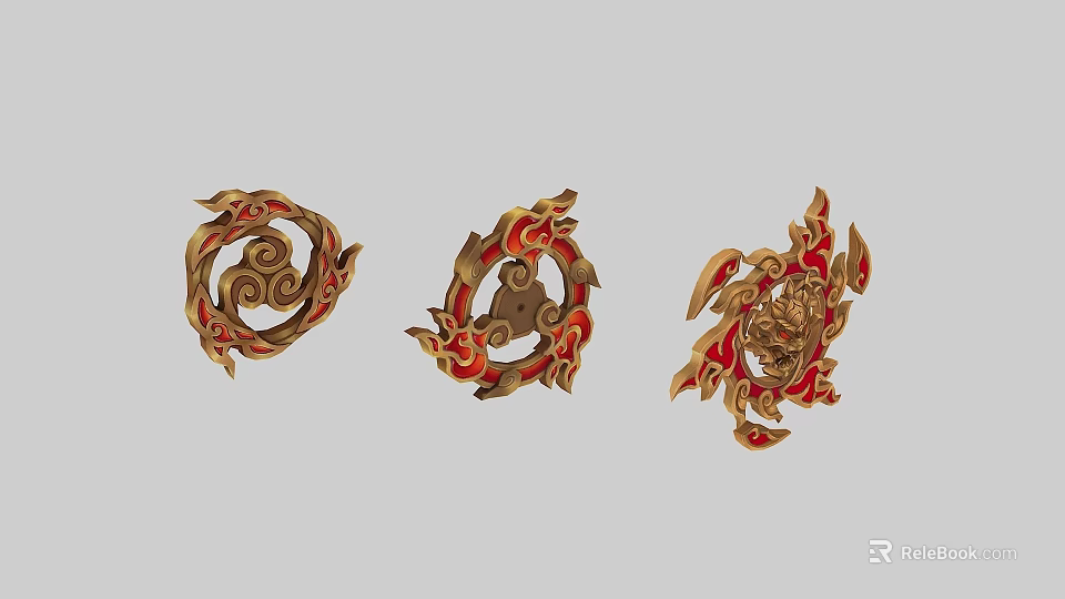 Ornate Weapon Decorative Designs With Golden Red Curved Patterns And Flame Motifs 3d model 