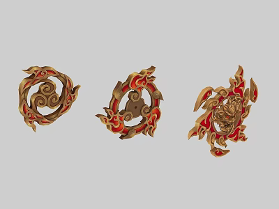Ornate Weapon Decorative Designs With Golden Red Curved Patterns And Flame Motifs 3d model