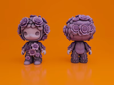 Purple Floral Decorated Dolls With Flower Headpieces On Orange Background 3d model