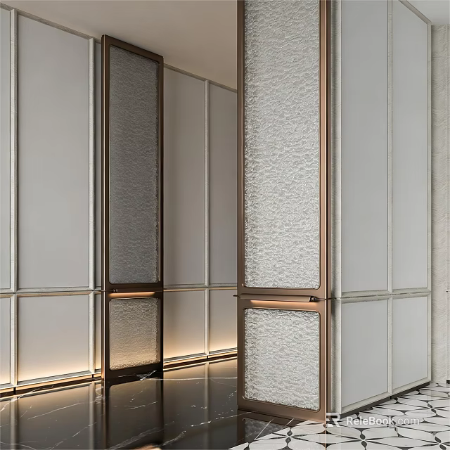 Modern Room Divider Screen With Textured Glass Panels And Metal Frame Lighting 3d model 