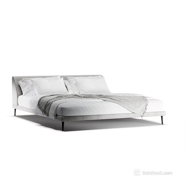 Modern Double Bed Design With White Linens Pillows And Gray Throw Blanket 3d model 