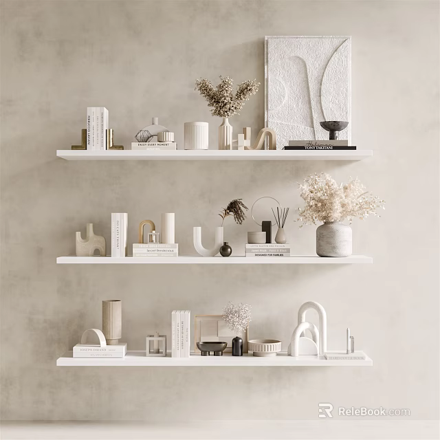 Minimalist Decorative Ornament Set On White Floating Shelves With Vases Books And Dried Flowers 3d model 