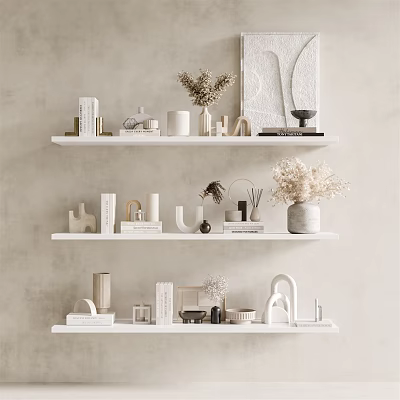 Minimalist Decorative Ornament Set On White Floating Shelves With Vases Books And Dried Flowers 3d model