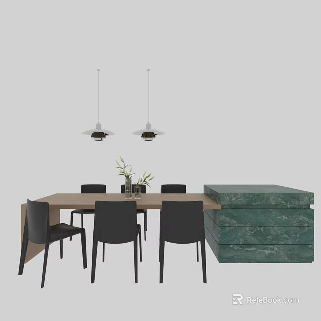 Modern Black Dining Chairs With Wooden Table Green Plant Pendant Lights And Marble Block 3d model 