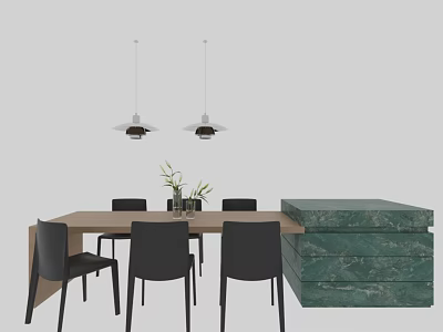 Modern Black Dining Chairs With Wooden Table Green Plant Pendant Lights And Marble Block 3d model
