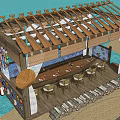 Wooden Pergola Near Sea With Outdoor Seating Colorful Flags Bamboo Hat And Banana Plant