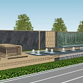 Modern Commercial Landscape Design With Water Fountains Green Hedges Stone Wall And Glass Waterfall