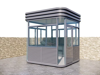 Modern Metal Security Booth With Glass Windows And Stone Wall Outdoor Setting 3d model