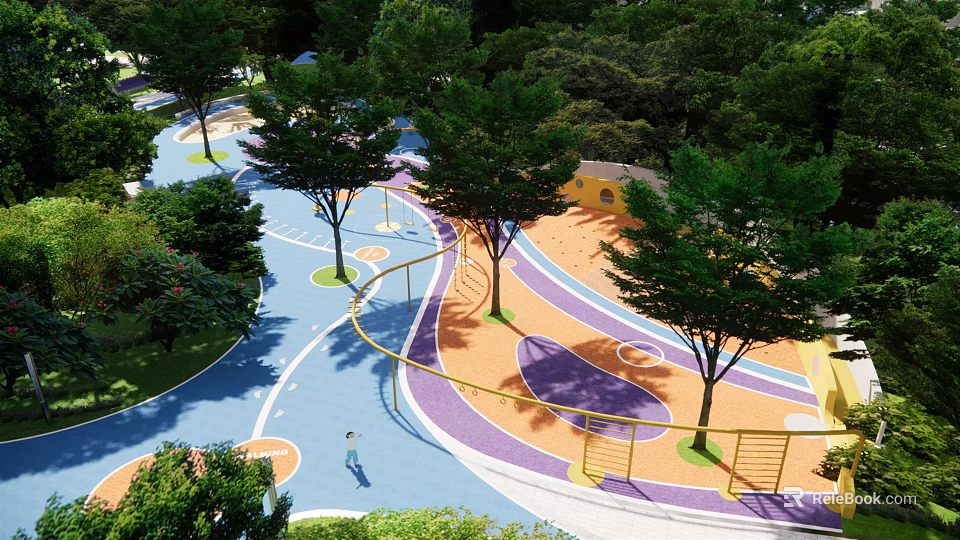 Residential Landscape Design With Colorful Playground Trees Curved Paths And Facilities 3d model 